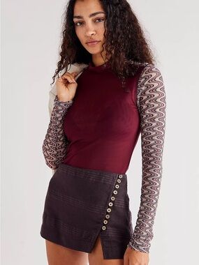 Free People Top in Burgundy/lace sleeves
